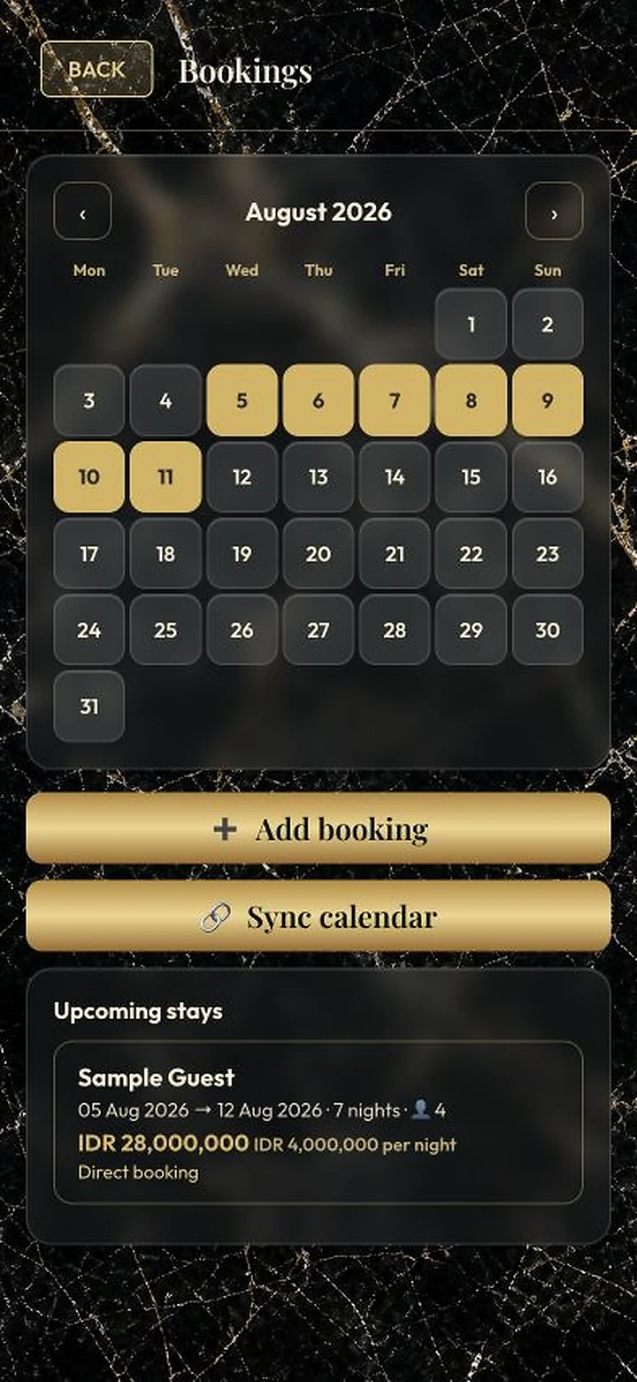 Current villa booking calendar