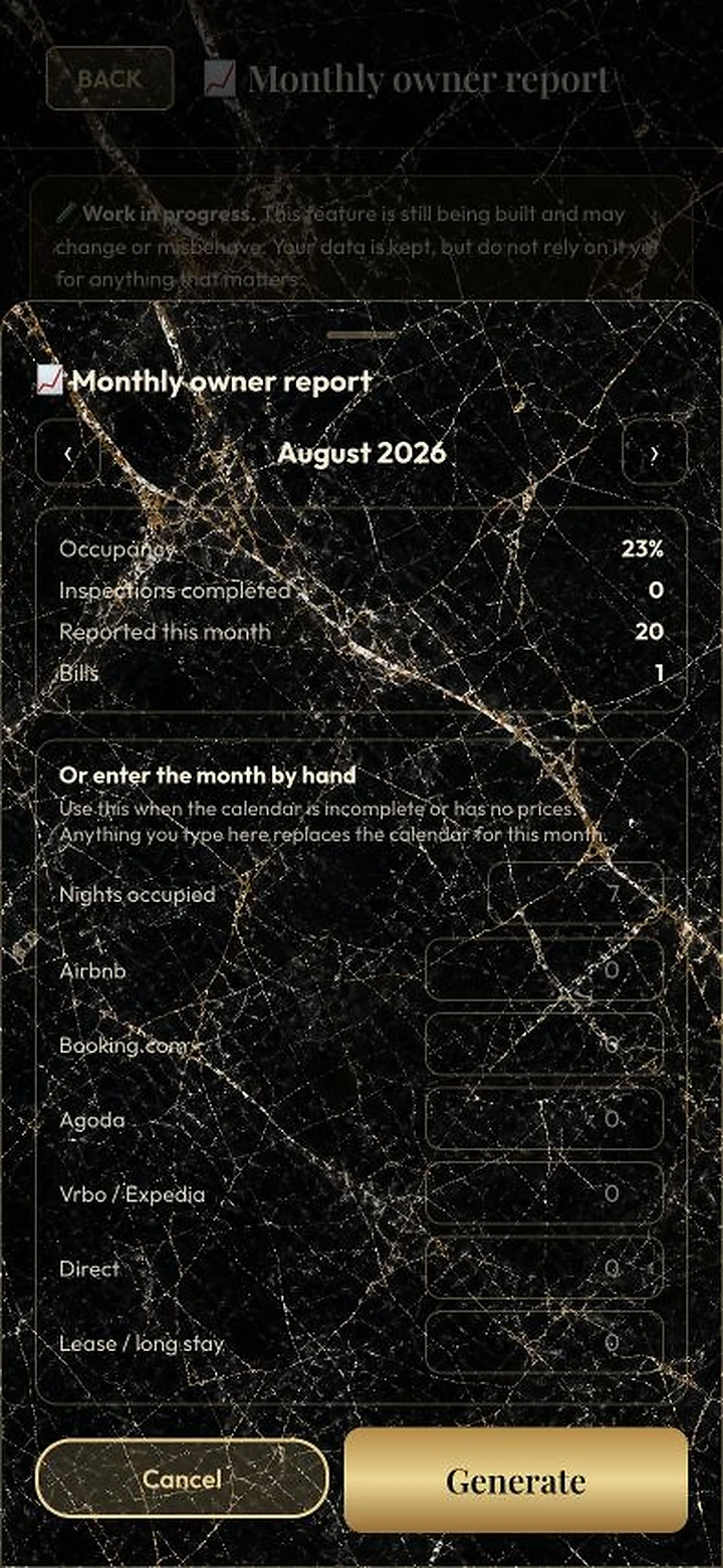Current monthly villa owner report