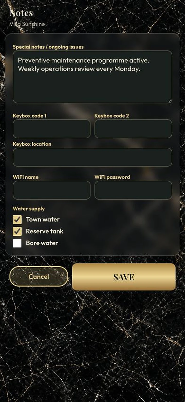 Current villa operations notes
