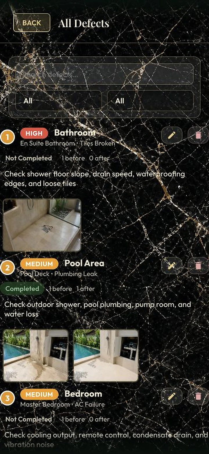 All villa defects organised by room, priority and status